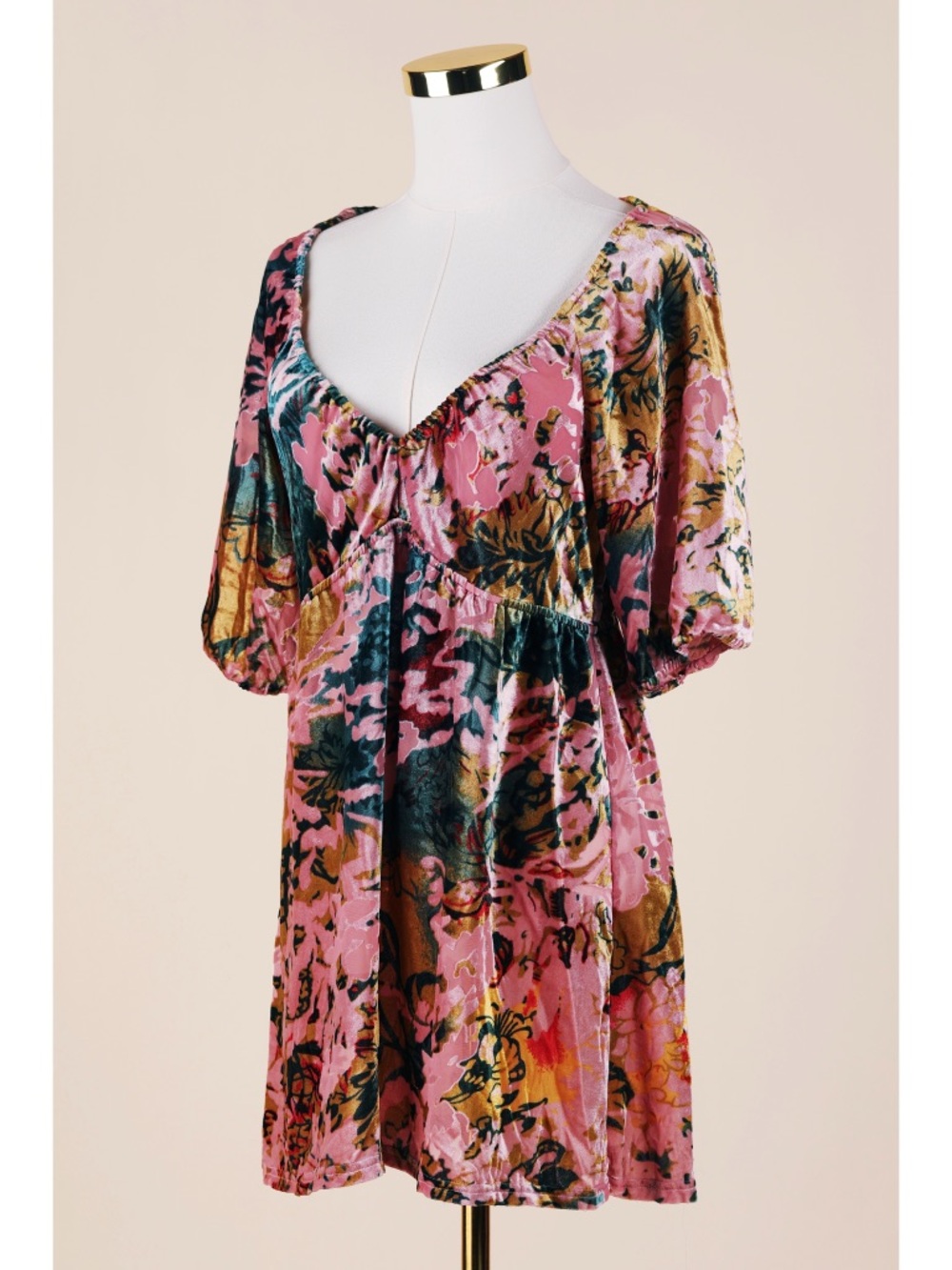 Sz M Hale Bob Pink Velvet Burnout Floral Whimsigoth Puff Sleeve Mini Dress EUC